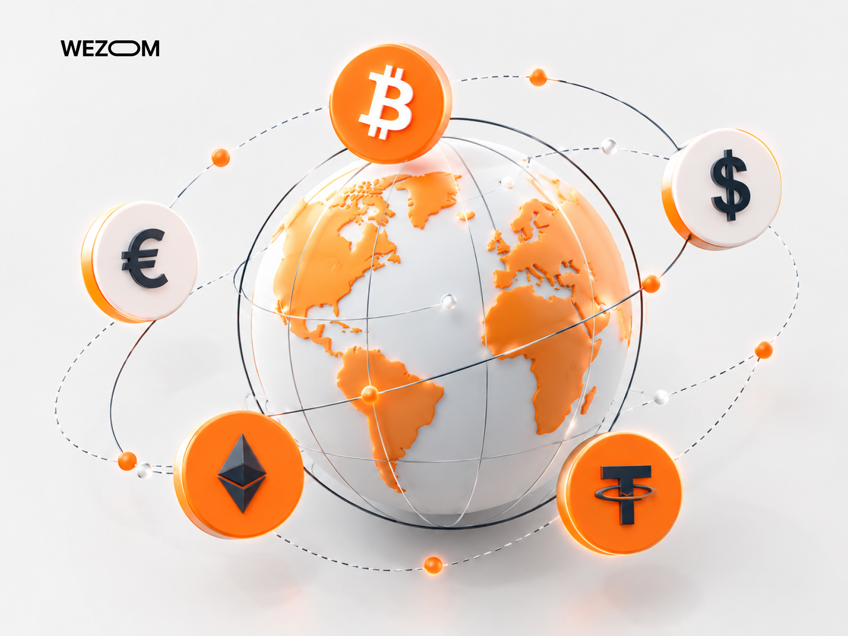 Blockchain cross border payments illustrated by a global network connecting cryptocurrencies, US dollars, and euros